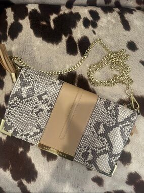 Antonio Melani Taupe and Snake-Print Crossbody with Gold Chain